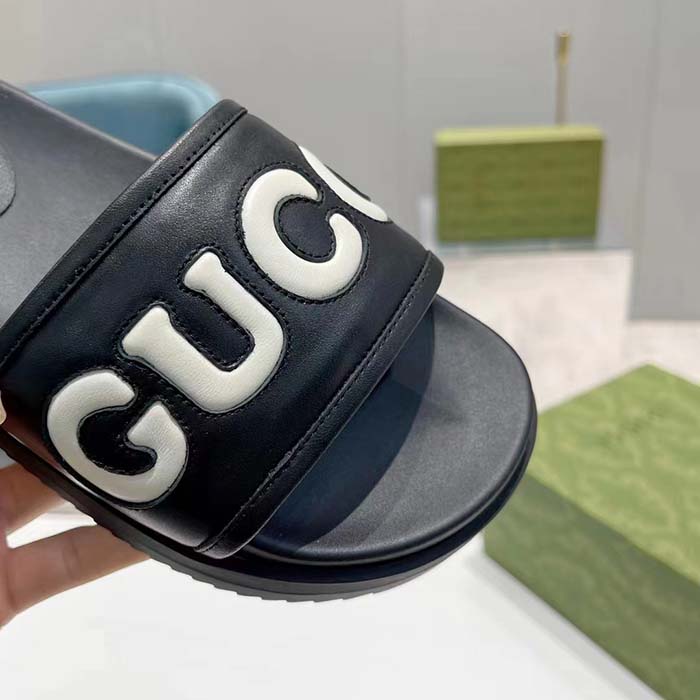 G*u*i unisex gg slide sandal black white leather script rubber flat