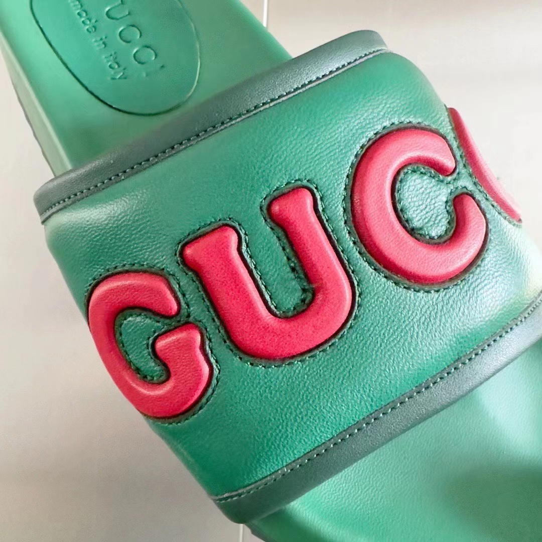 G*u*i unisex gg slide sandal green red leather script rubber flat 1 cm heel