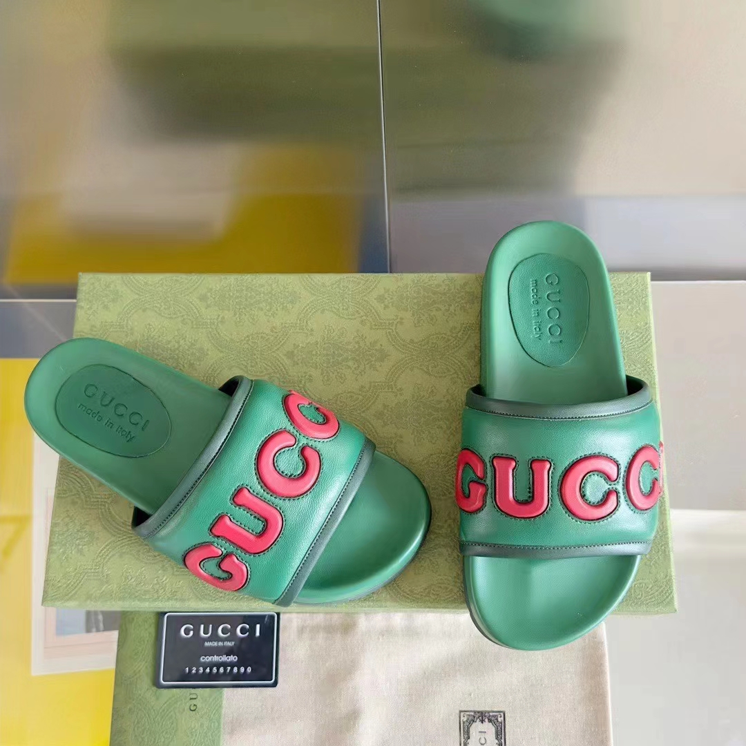 G*u*i unisex gg slide sandal green red leather script rubber flat 1 cm heel