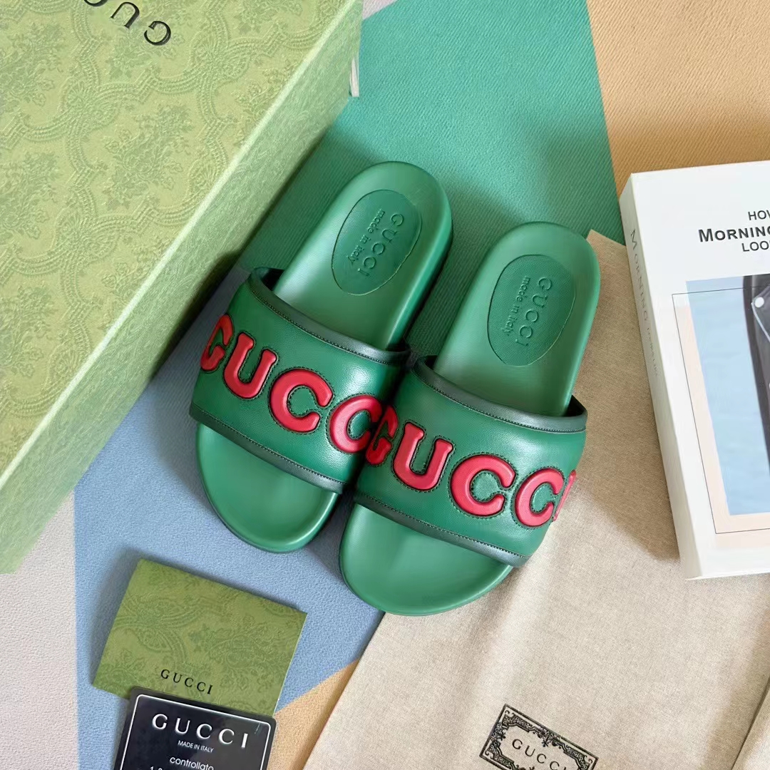 G*u*i unisex gg slide sandal green red leather script rubber flat 1 cm heel