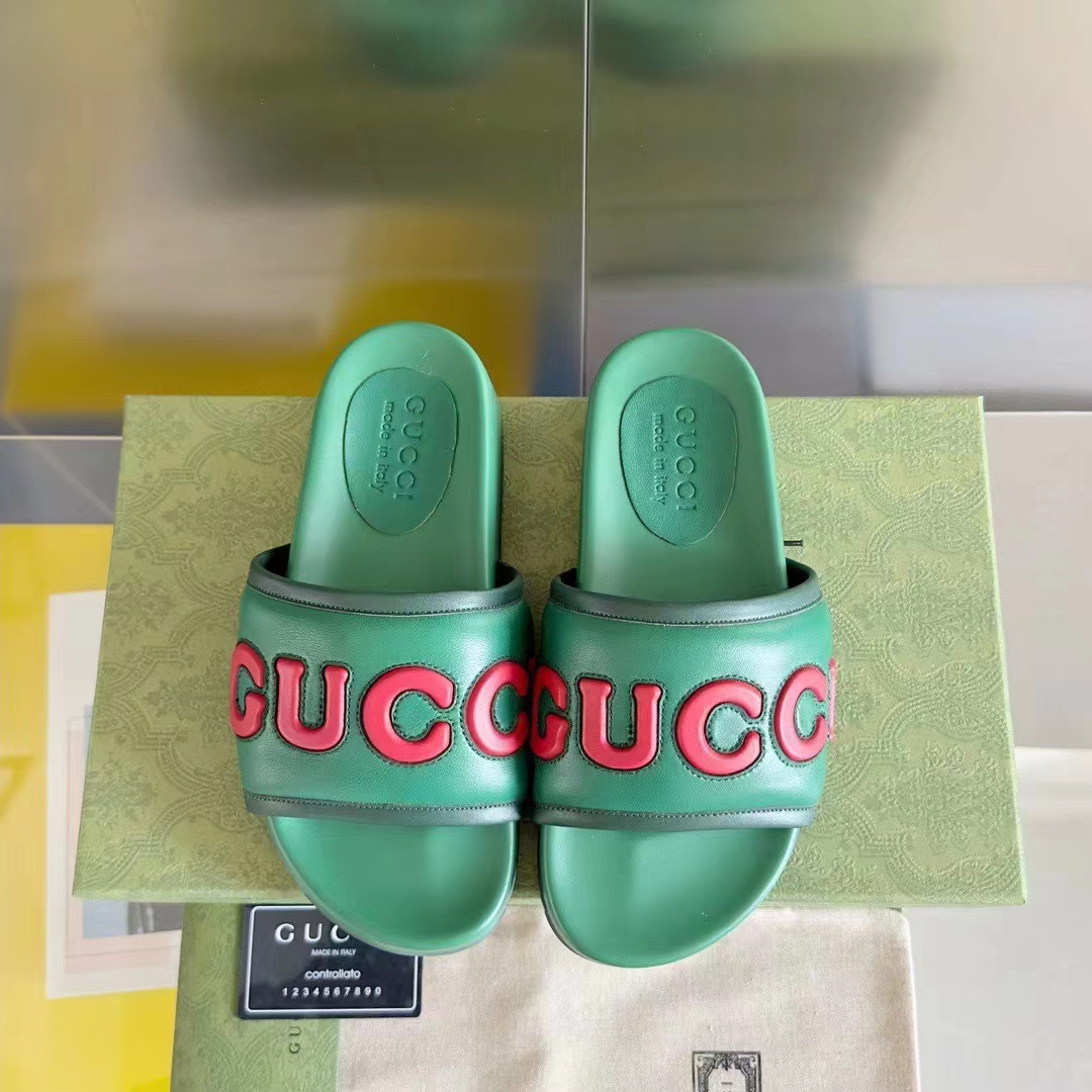 G*u*i unisex gg slide sandal green red leather script rubber flat 1 cm heel