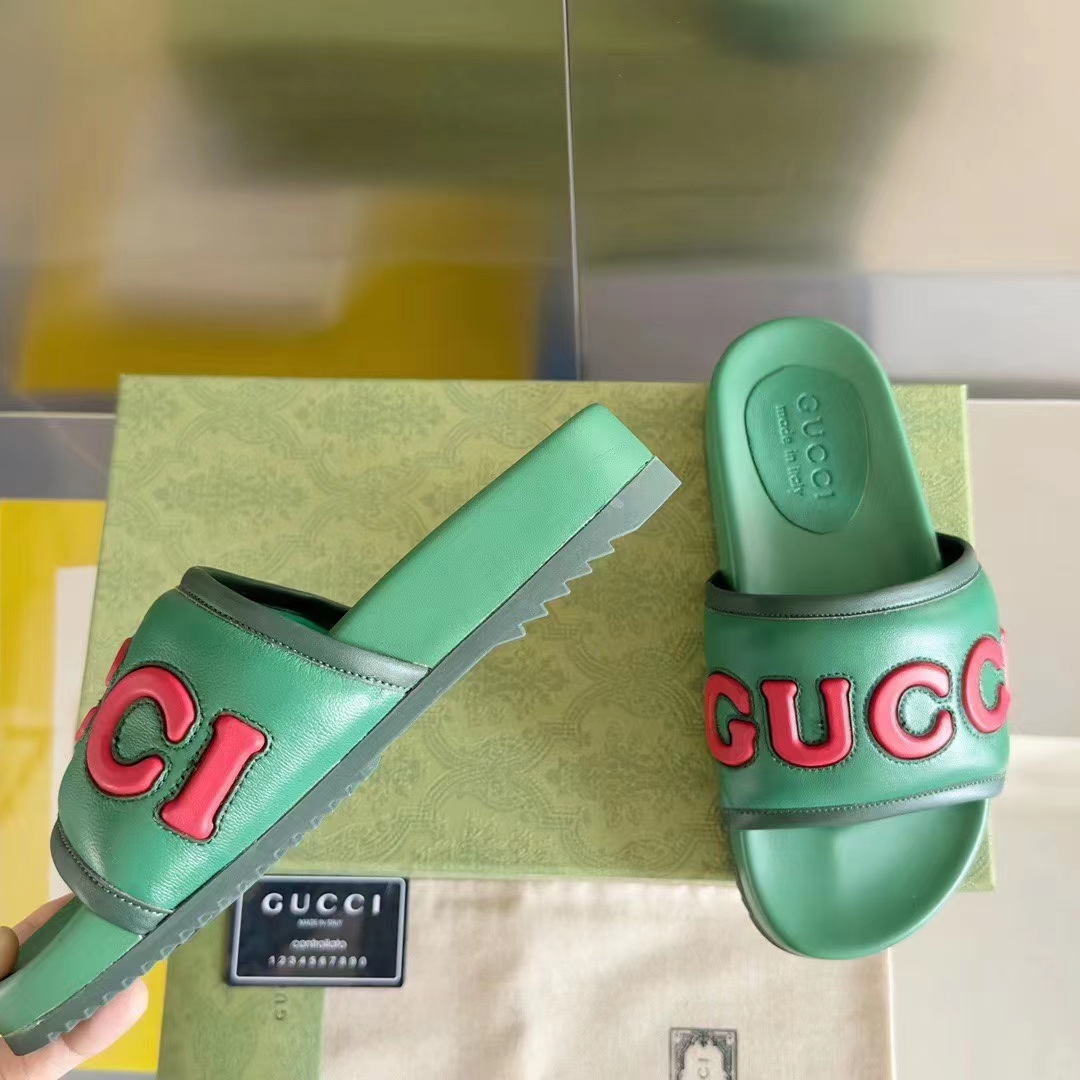 G*u*i unisex gg slide sandal green red leather script rubber flat 1 cm heel