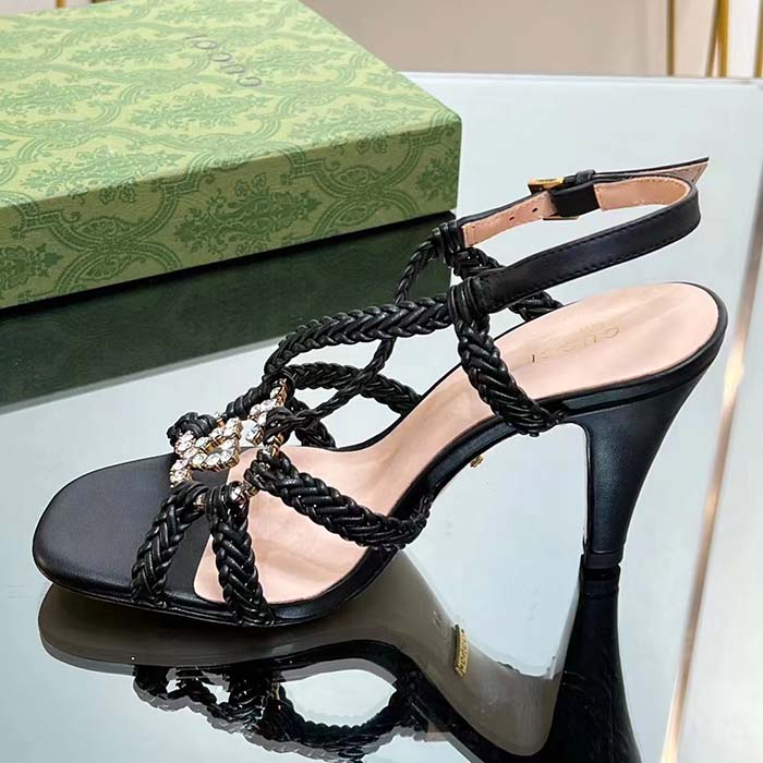 G*u*i women crystal interlocking g sandal black braided leather high 9 cm heel