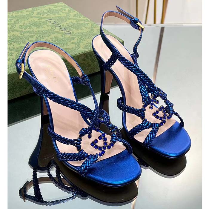 G*u*i women crystal interlocking g sandal blue metallic braided leather high heel