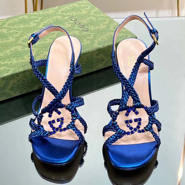 G*u*i women crystal interlocking g sandal blue metallic braided leather high heel