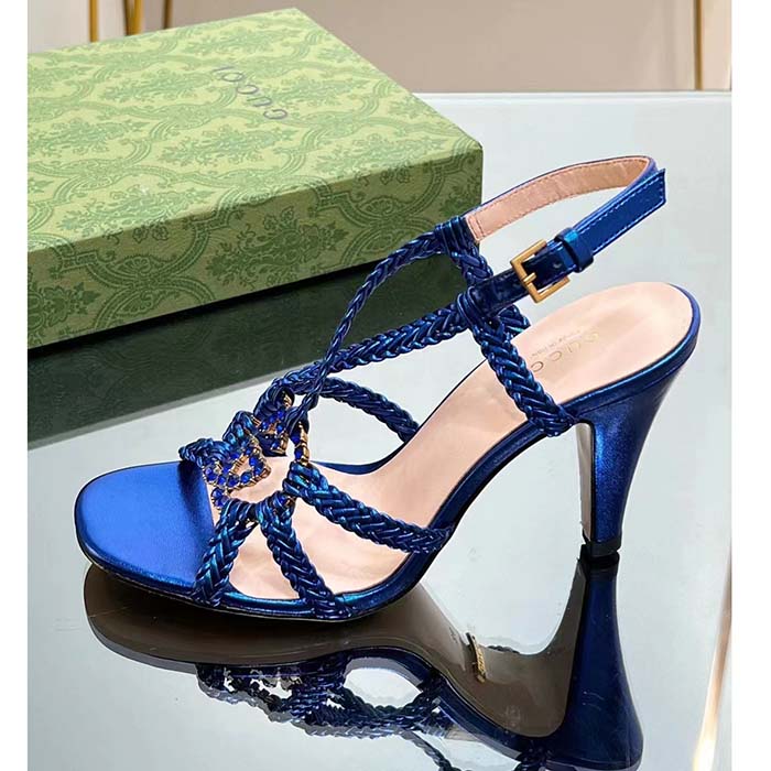 G*u*i women crystal interlocking g sandal blue metallic braided leather high heel