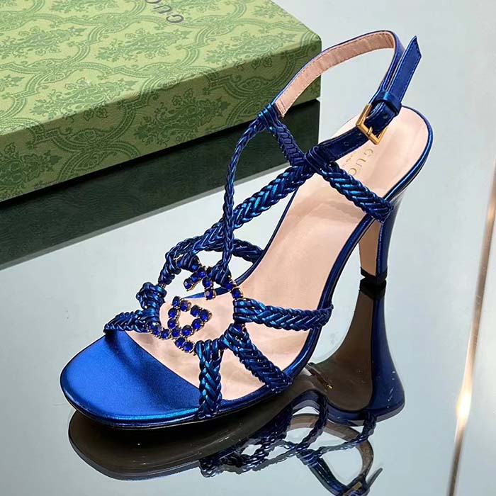 G*u*i women crystal interlocking g sandal blue metallic braided leather high heel