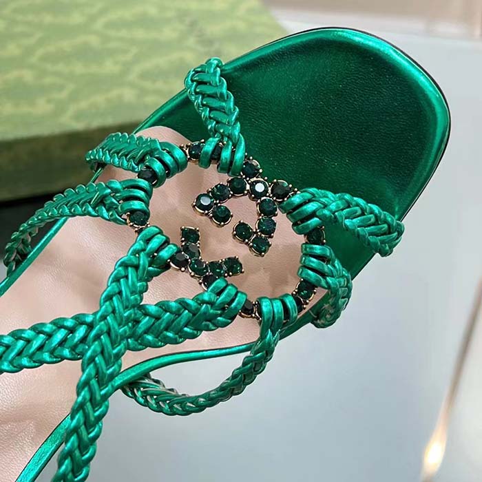 G*u*i women crystal interlocking g sandal green metallic braided leather high heel