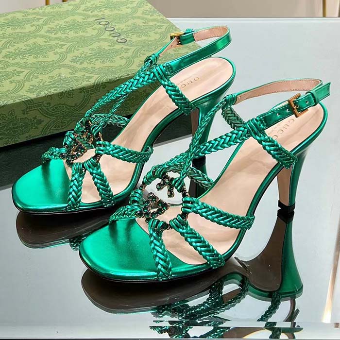 G*u*i women crystal interlocking g sandal green metallic braided leather high heel