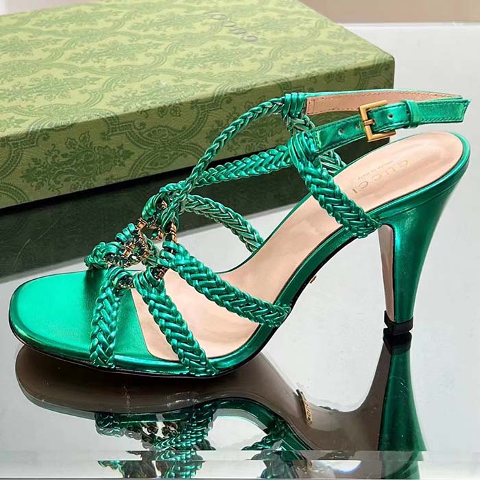 G*u*i women crystal interlocking g sandal green metallic braided leather high heel