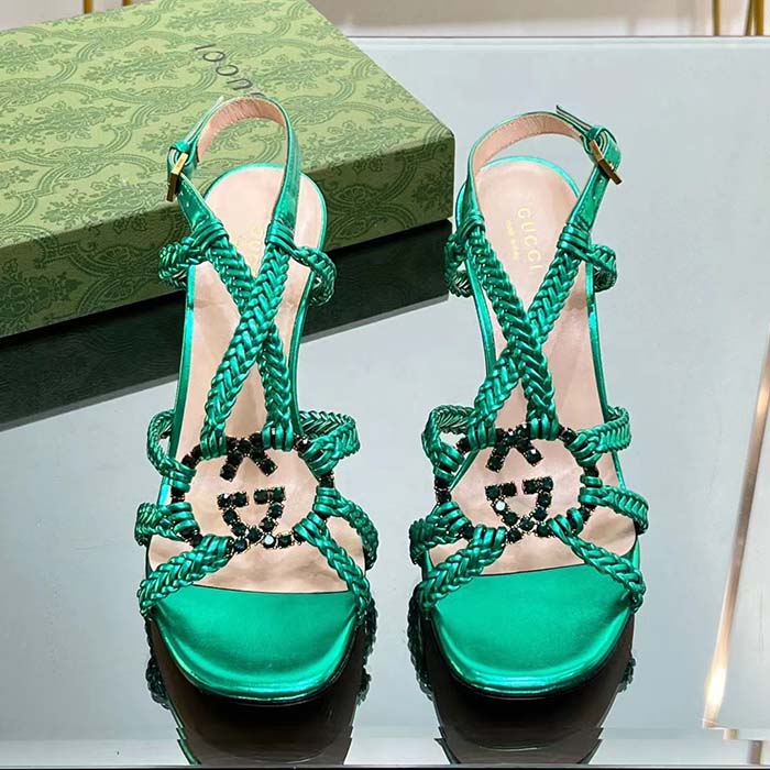 G*u*i women crystal interlocking g sandal green metallic braided leather high heel