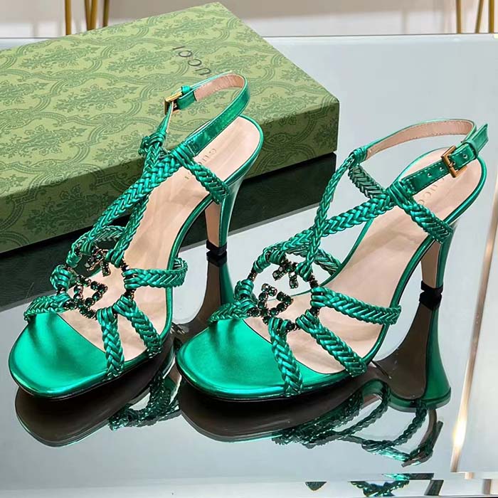 G*u*i women crystal interlocking g sandal green metallic braided leather high heel