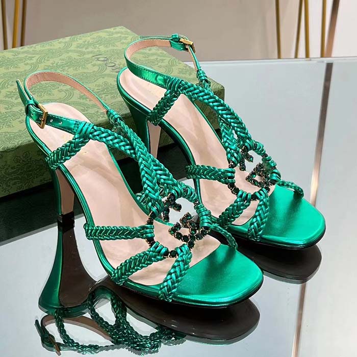 G*u*i women crystal interlocking g sandal green metallic braided leather high heel