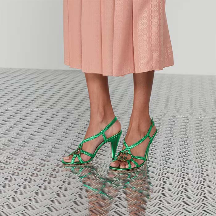 G*u*i women crystal interlocking g sandal green metallic braided leather high heel