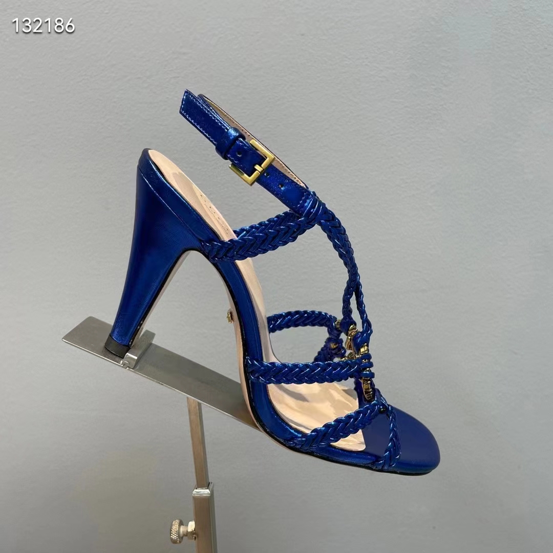 G*u*i women gg cystal interlocking g sandal blue metallic braided high 9 cm heel
