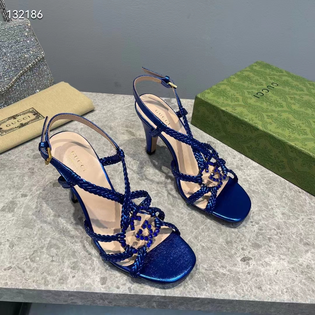 G*u*i women gg cystal interlocking g sandal blue metallic braided high 9 cm heel