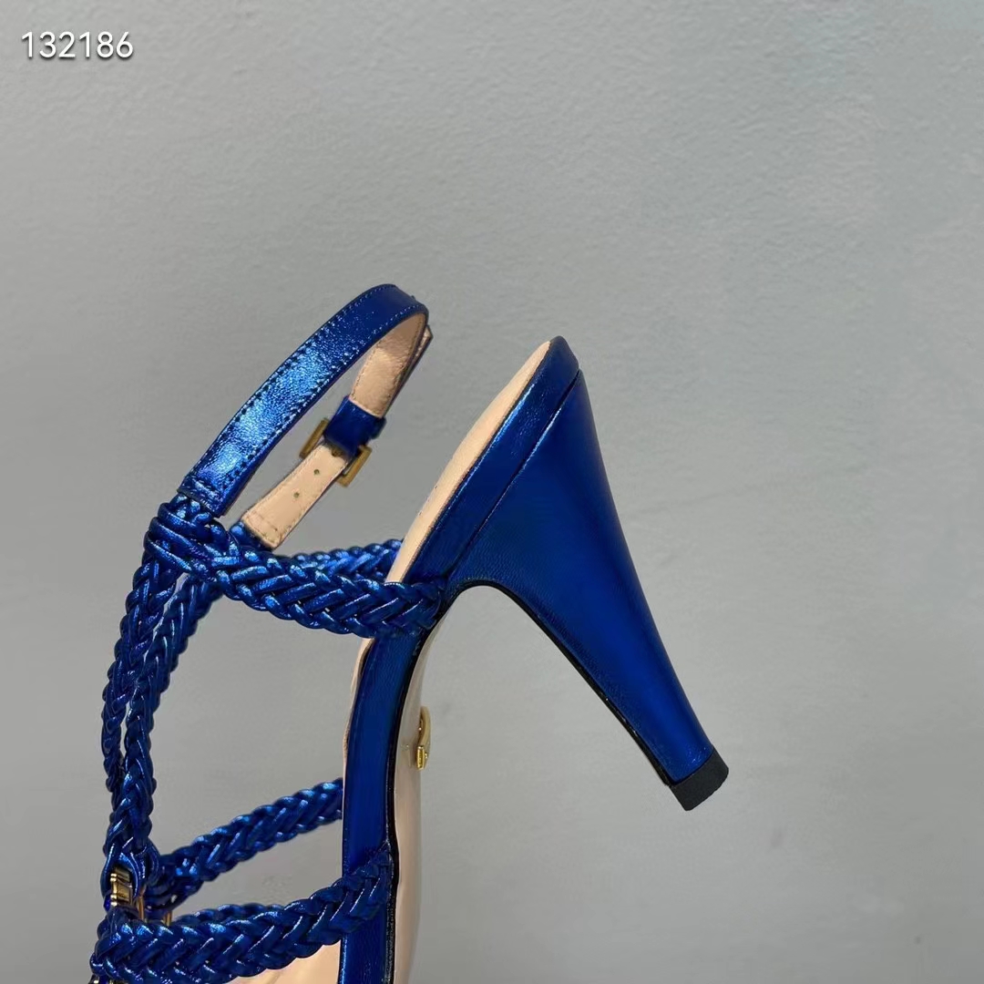 G*u*i women gg cystal interlocking g sandal blue metallic braided high 9 cm heel