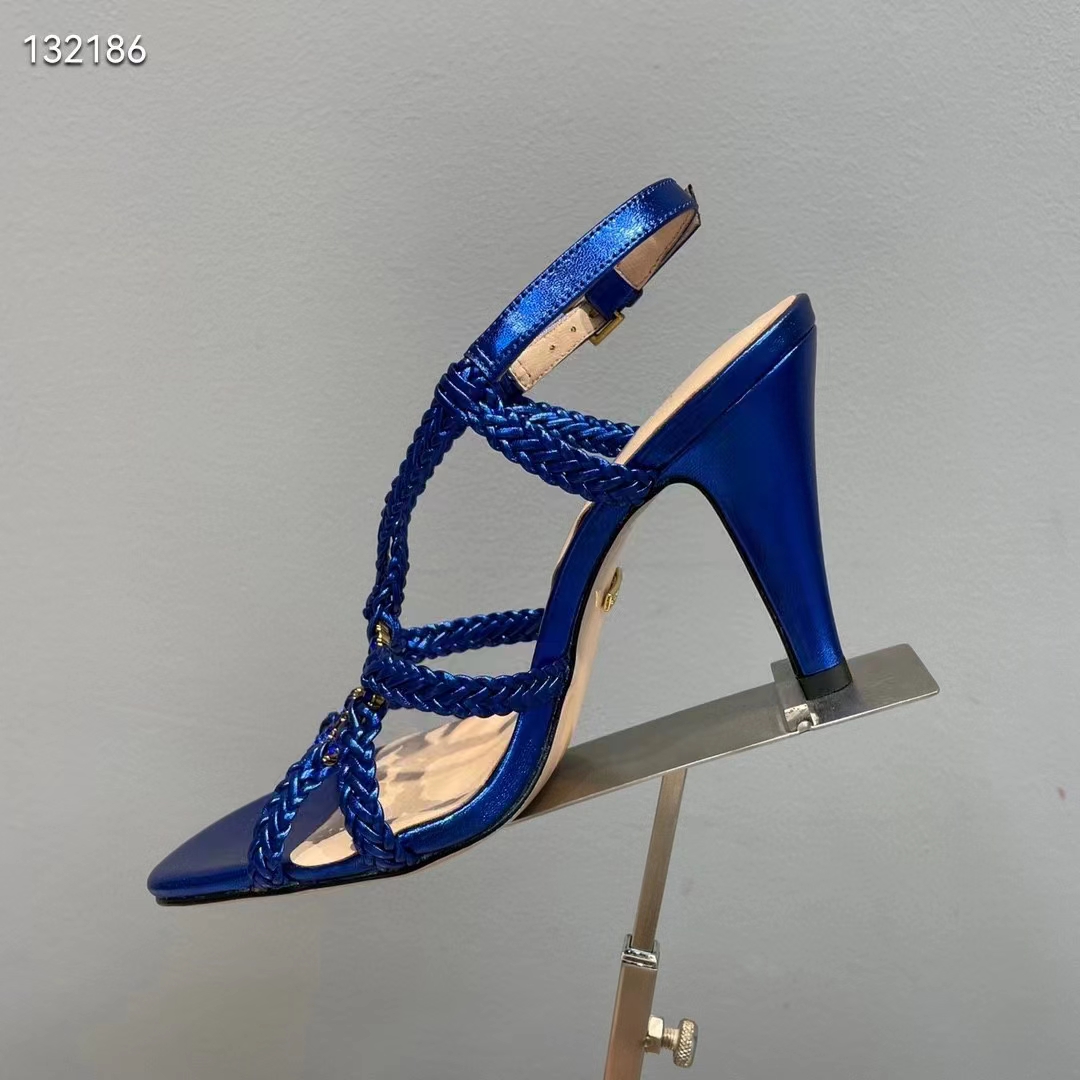G*u*i women gg cystal interlocking g sandal blue metallic braided high 9 cm heel