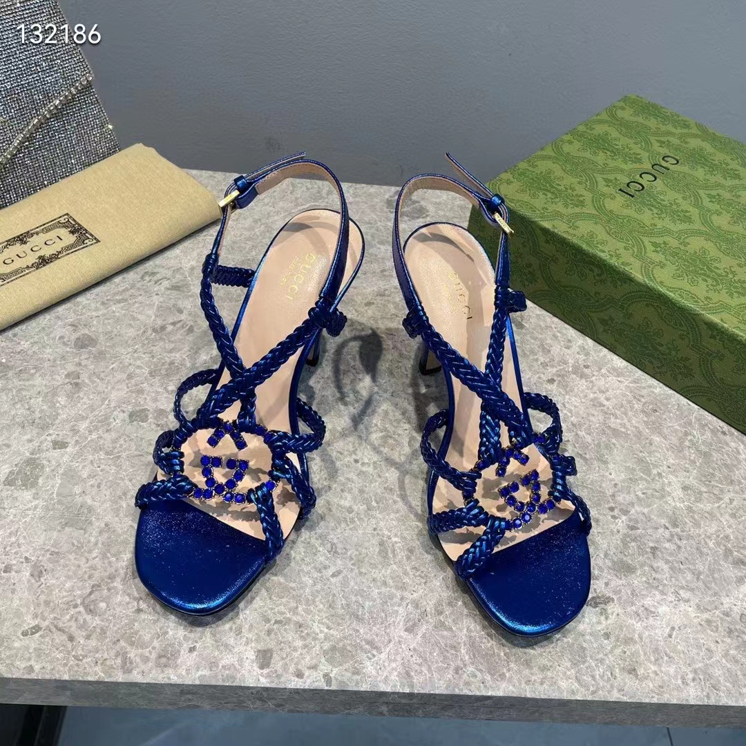 G*u*i women gg cystal interlocking g sandal blue metallic braided high 9 cm heel
