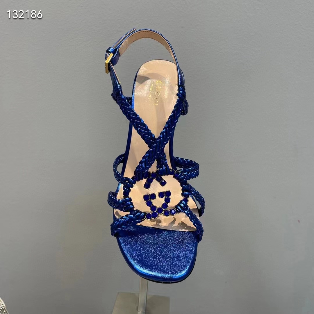 G*u*i women gg cystal interlocking g sandal blue metallic braided high 9 cm heel