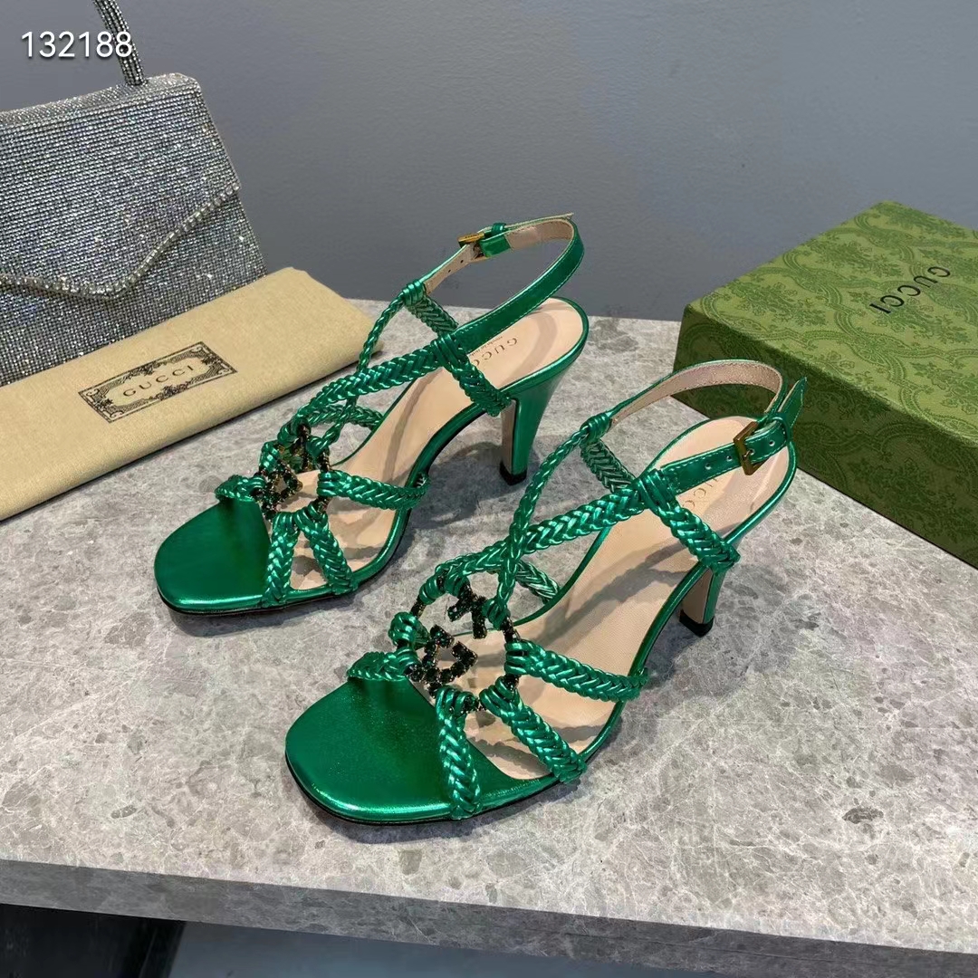 G*u*i women gg cystal interlocking g sandal green metallic braided high 9 cm heel