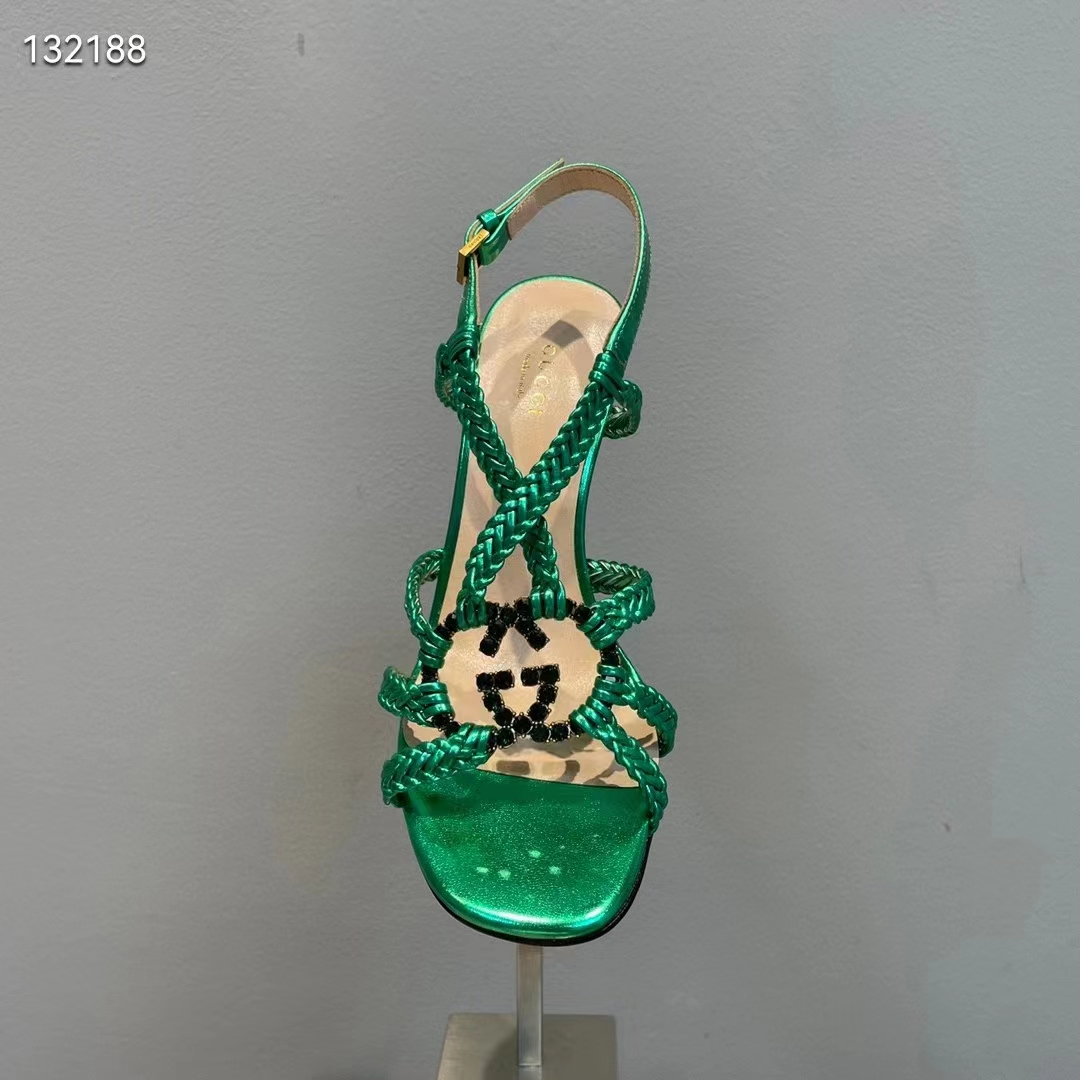 G*u*i women gg cystal interlocking g sandal green metallic braided high 9 cm heel