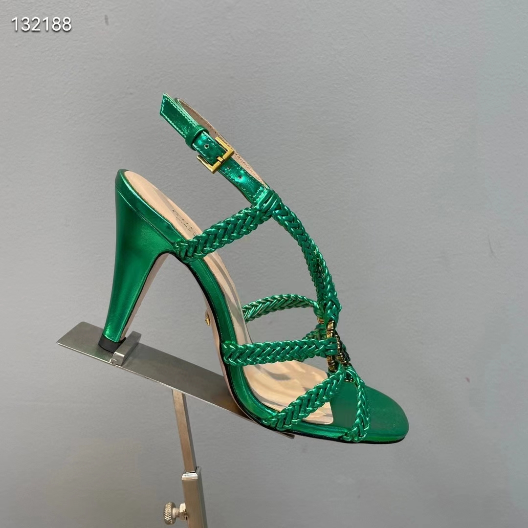 G*u*i women gg cystal interlocking g sandal green metallic braided high 9 cm heel