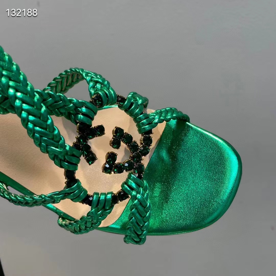 G*u*i women gg cystal interlocking g sandal green metallic braided high 9 cm heel