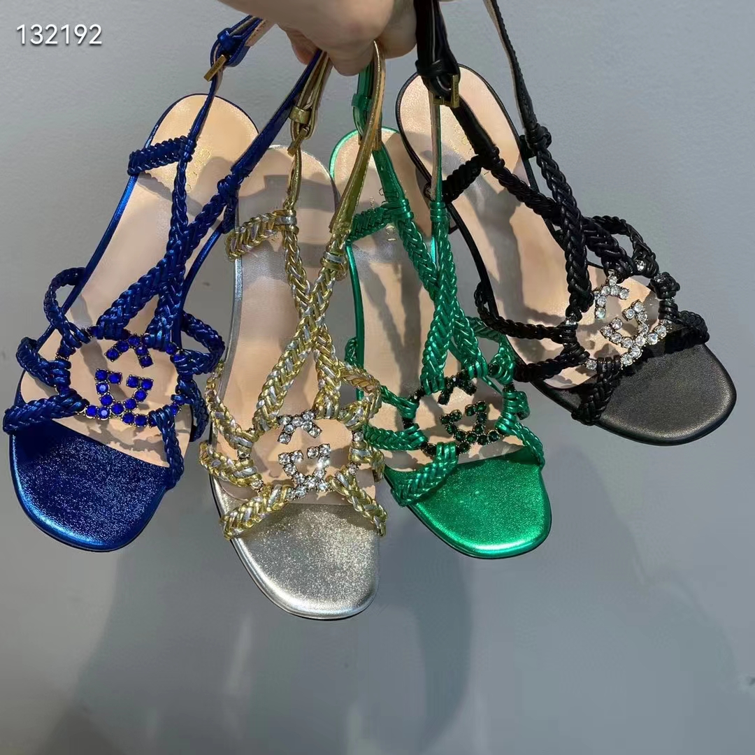 G*u*i women gg cystal interlocking g sandal blue metallic braided high 9 cm heel