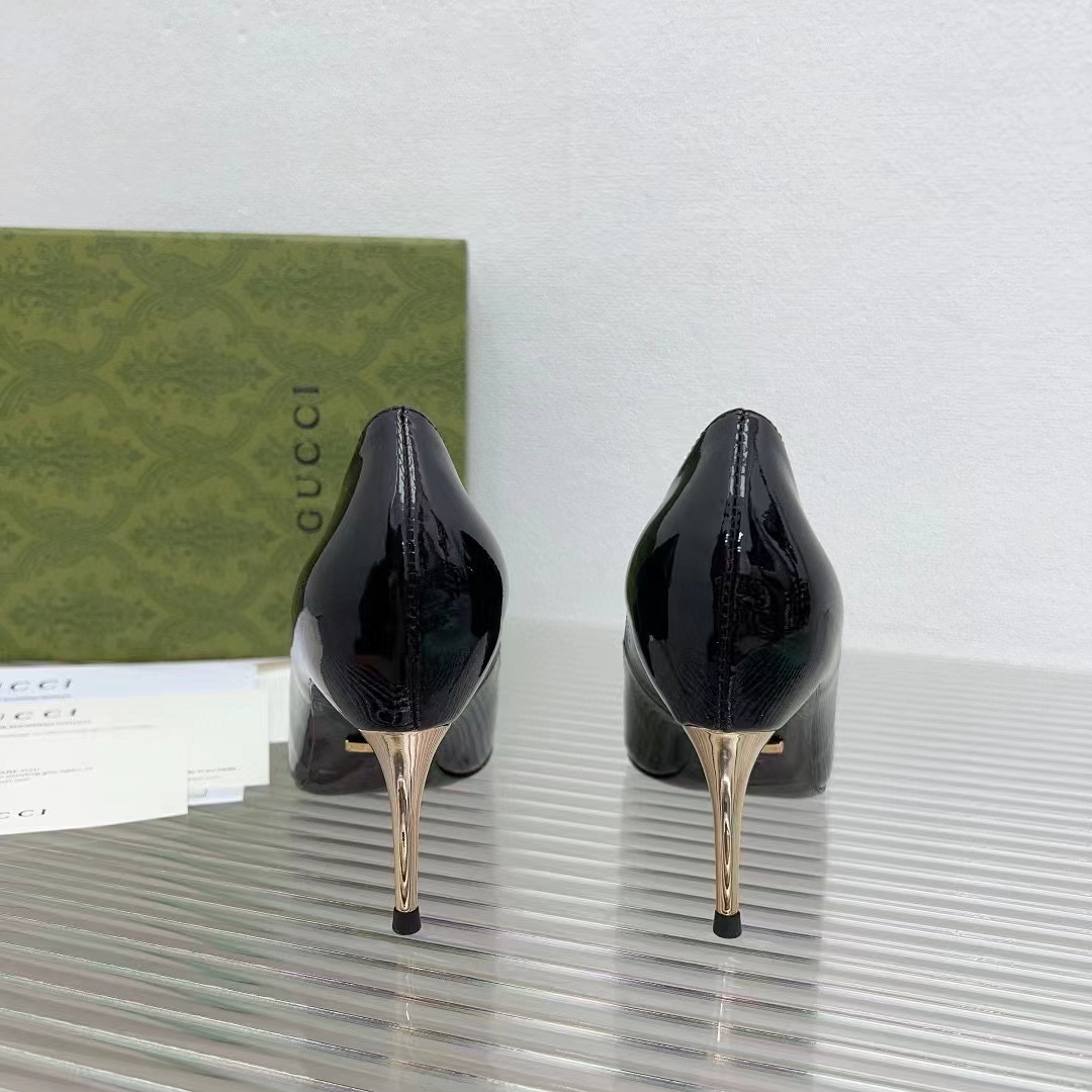 G*u*i women gg high heel pump black leather pointed toe 10 cm heel