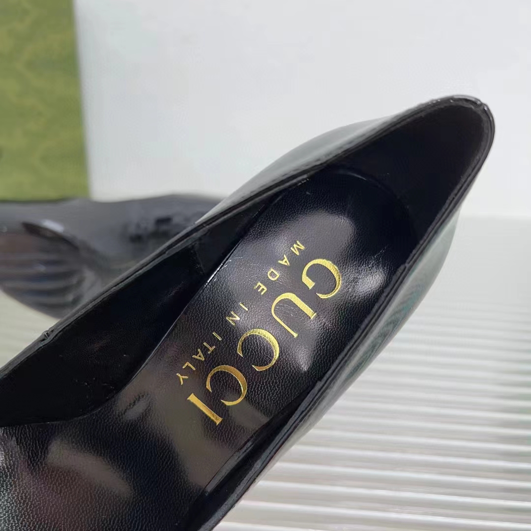 G*u*i women gg high heel pump black leather pointed toe 10 cm heel
