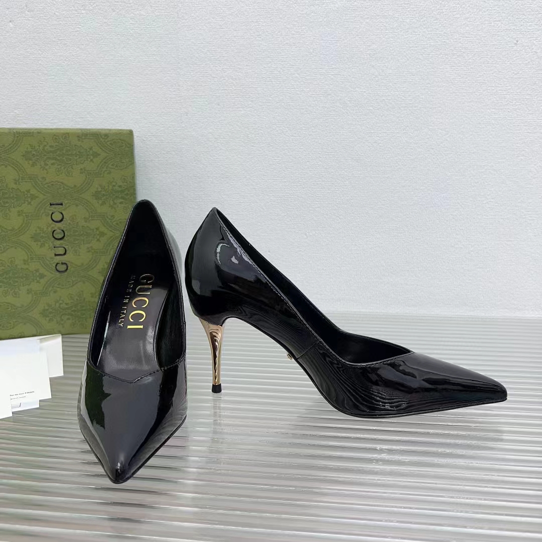 G*u*i women gg high heel pump black leather pointed toe 10 cm heel