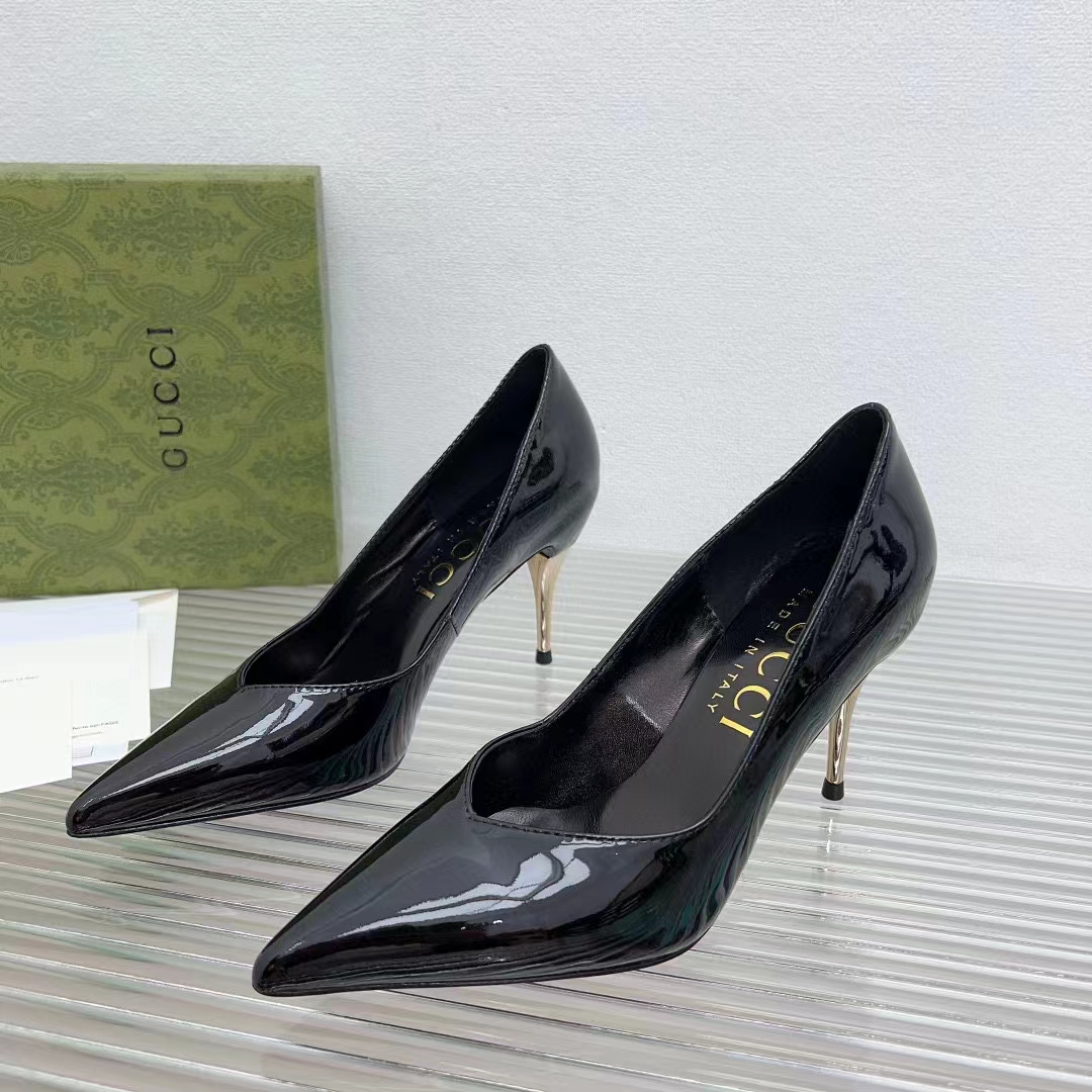 G*u*i women gg high heel pump black leather pointed toe 10 cm heel