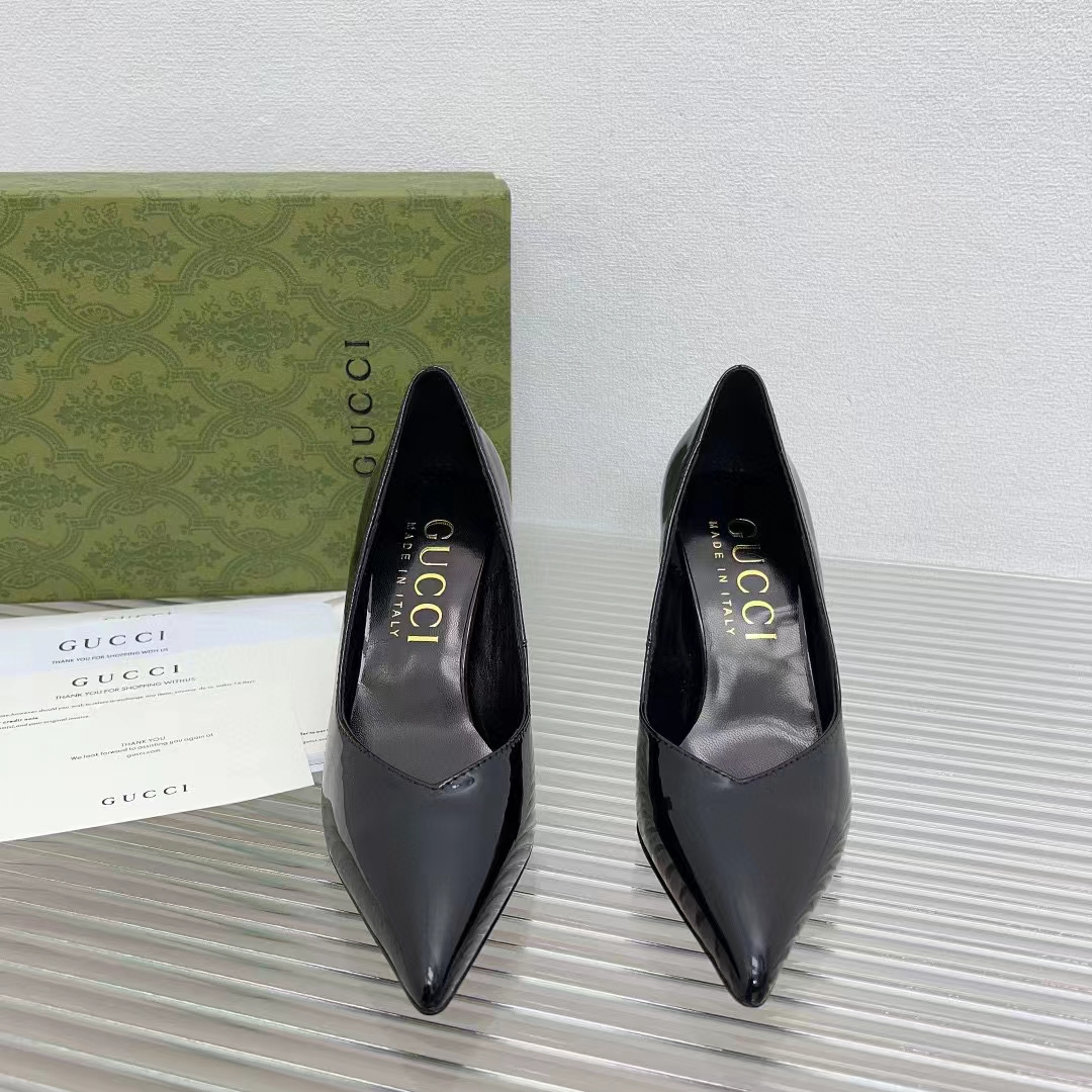 G*u*i women gg high heel pump black leather pointed toe 10 cm heel