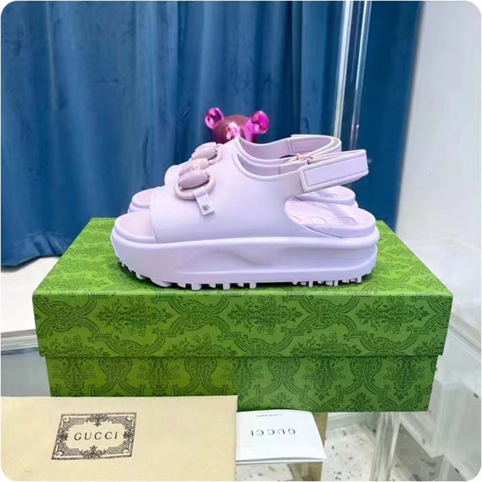 G*u*i women gg horsebit platform sandal light pink rubber velcro strap closure