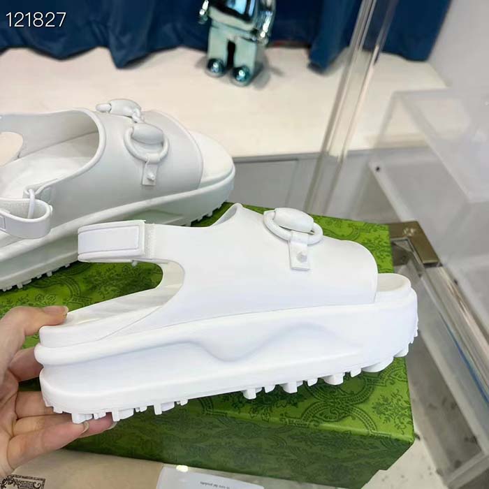 G*u*i women gg horsebit platform sandal white rubber velcro strap closure