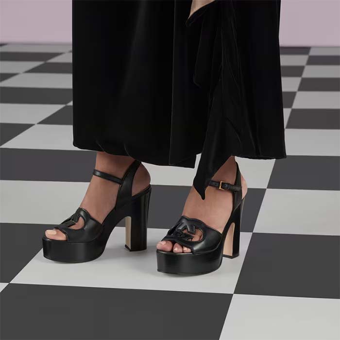 G*u*i women gg interlocking g sandal black leather wooden high 12 cm heel
