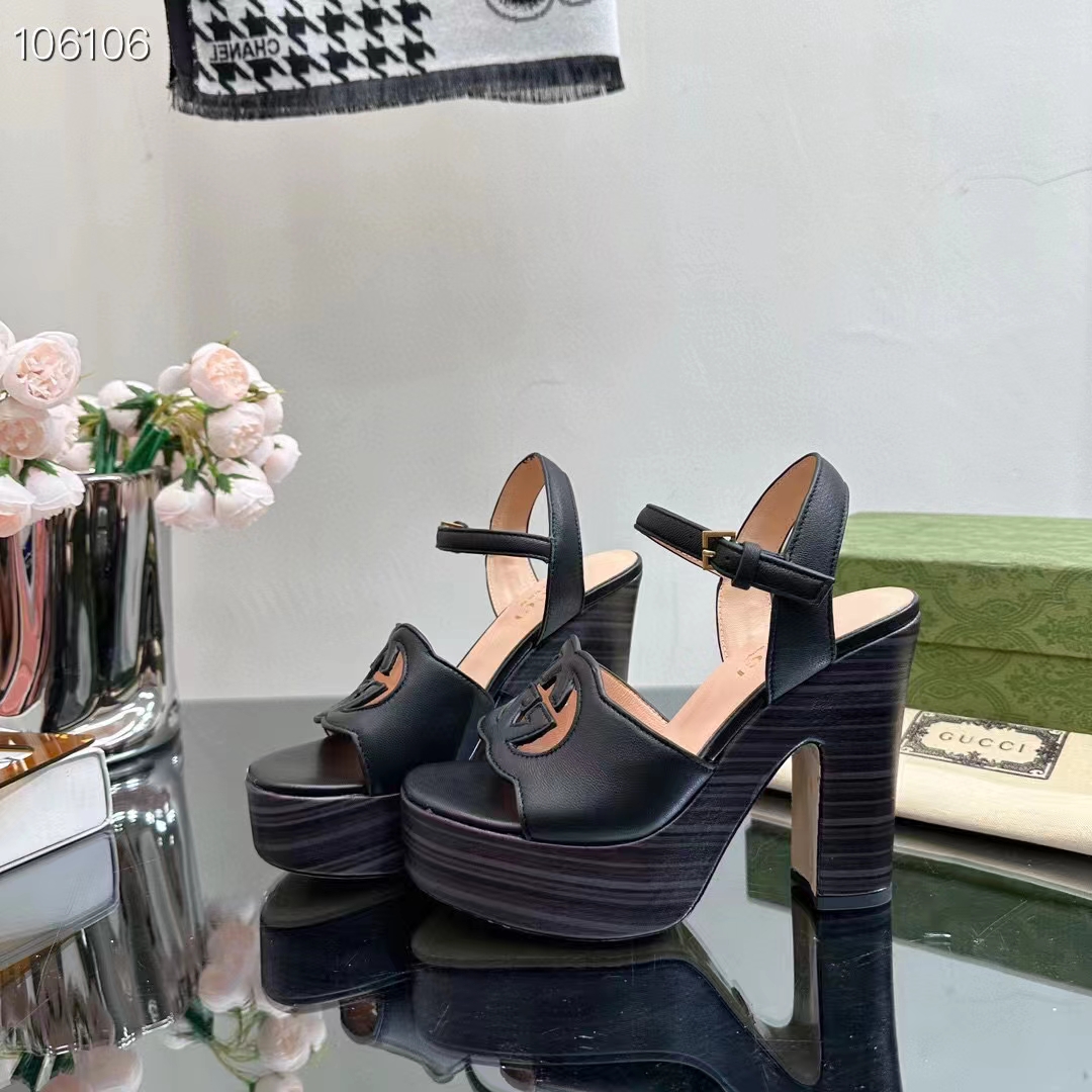 G*u*i women gg interlocking g sandal black leather wooden high 12 cm heel