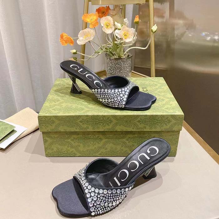 G*u*i women gg slide sandal crystals black silk satin mid 6 cm heel