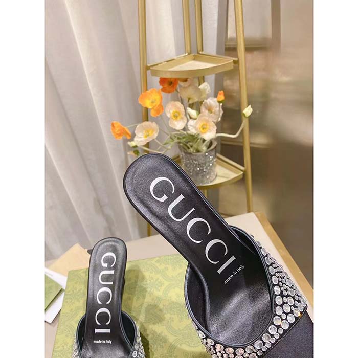 G*u*i women gg slide sandal crystals black silk satin mid 6 cm heel