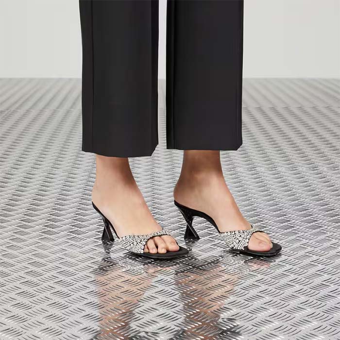 G*u*i women gg slide sandal crystals black silk satin mid 6 cm heel