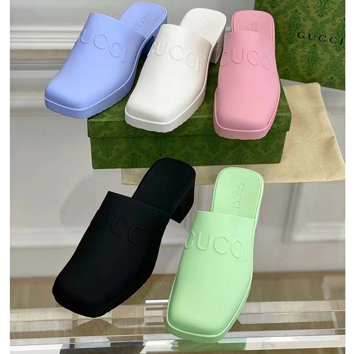G*u*i women gg slip-on sandal pastel blue rubber embossed logo square toe chevron