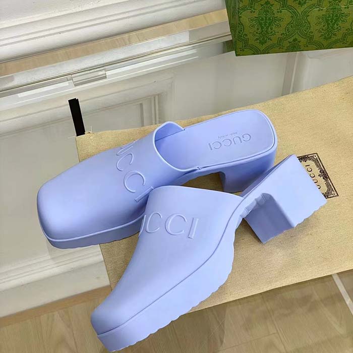 G*u*i women gg slip-on sandal pastel blue rubber embossed logo square toe chevron
