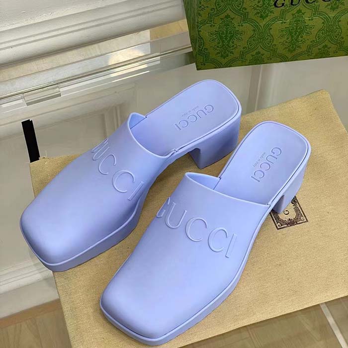 G*u*i women gg slip-on sandal pastel blue rubber embossed logo square toe chevron