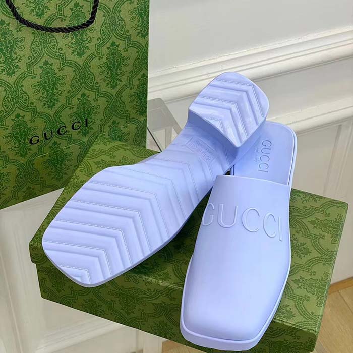 G*u*i women gg slip-on sandal pastel blue rubber embossed logo square toe chevron