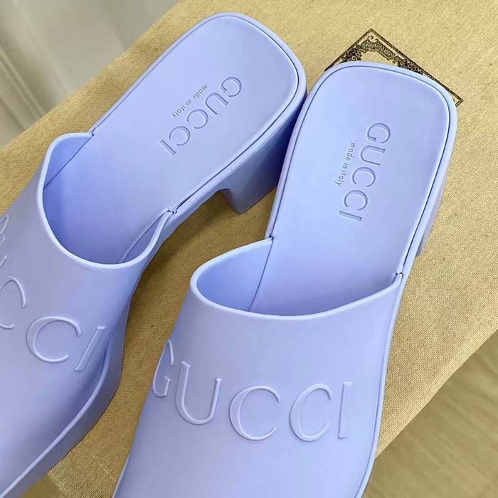 G*u*i women gg slip-on sandal pastel blue rubber embossed logo square toe chevron