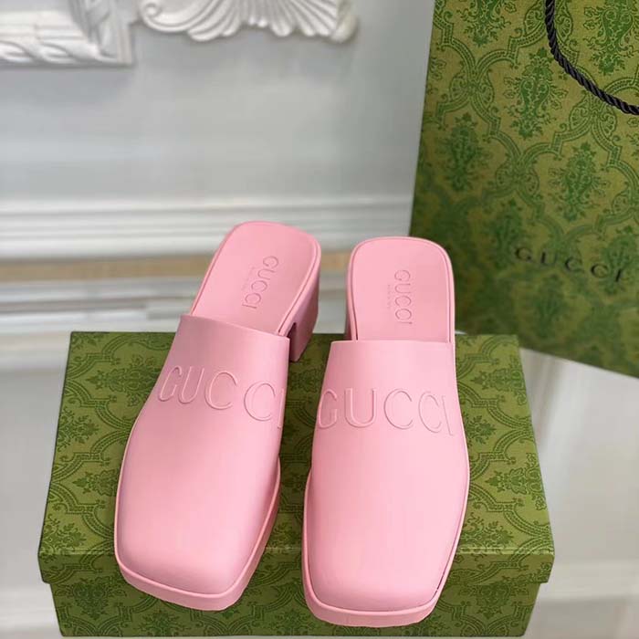 G*u*i women gg slip-on sandal pink rubber embossed logo square toe chevron