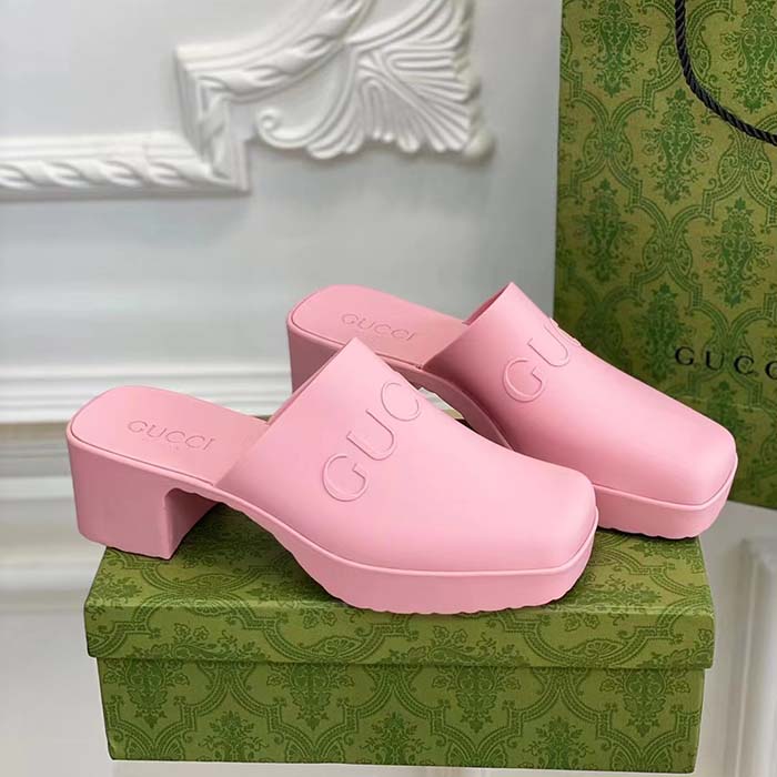 G*u*i women gg slip-on sandal pink rubber embossed logo square toe chevron
