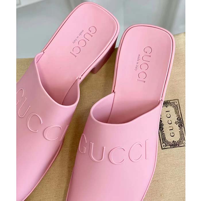 G*u*i women gg slip-on sandal pink rubber embossed logo square toe chevron