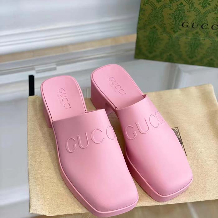 G*u*i women gg slip-on sandal pink rubber embossed logo square toe chevron